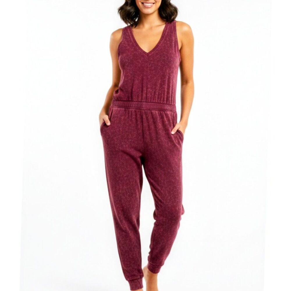 CALVIN KLEIN Jumpsuit V-Neck Cotton Wine Red/Deep Purple Women Size XL NEW NWT